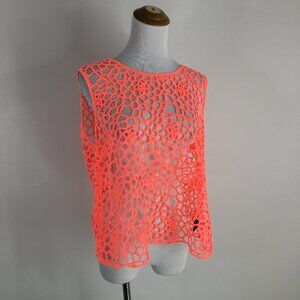 NWT 2B BEBE Sleeveless Neon Orange LILY Lace Shell Perforated Zip Back Top